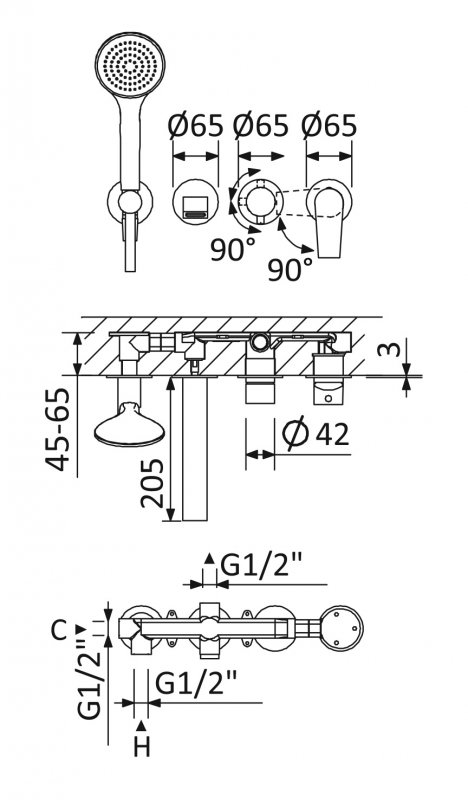 Встраиваемый смеситель для ванны и душа однорычажный с поворотным переключателем на 3 выхода, в комплекте с ручным душем NAUTIC-VDM3-SS CEZARES